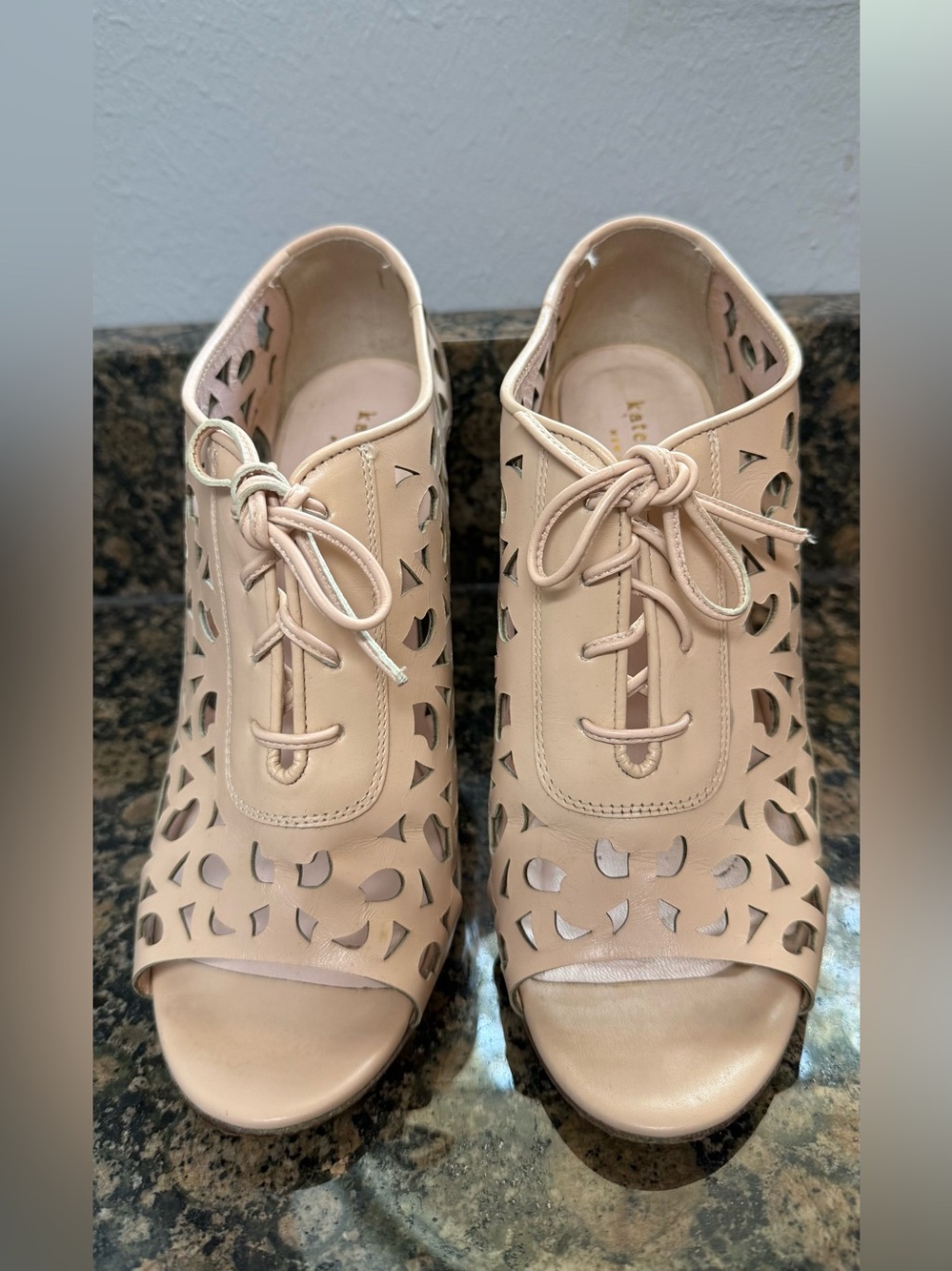 kate spade Blush Laser-Cut Lace-Up Peep Toe Mules